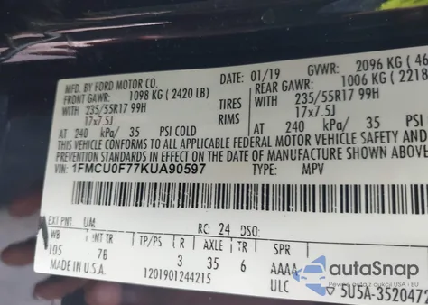 2019 Ford Escape S from USA, damaged, VIN 1FMCU0F77KUA90597